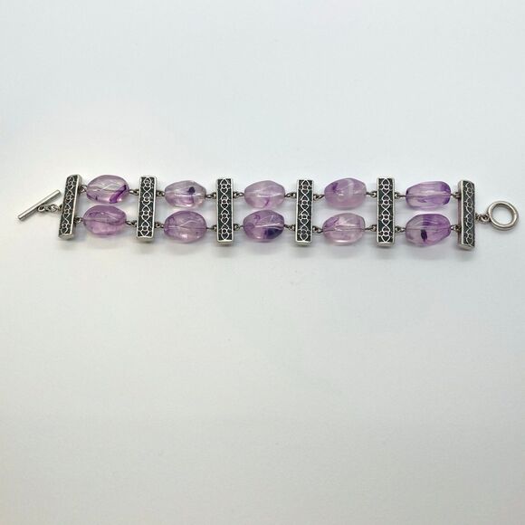 Purple Glass Beads Silver Tone with Teal Bar Bracelet Vintage Gift for Her Retro - Picture 6 of 9